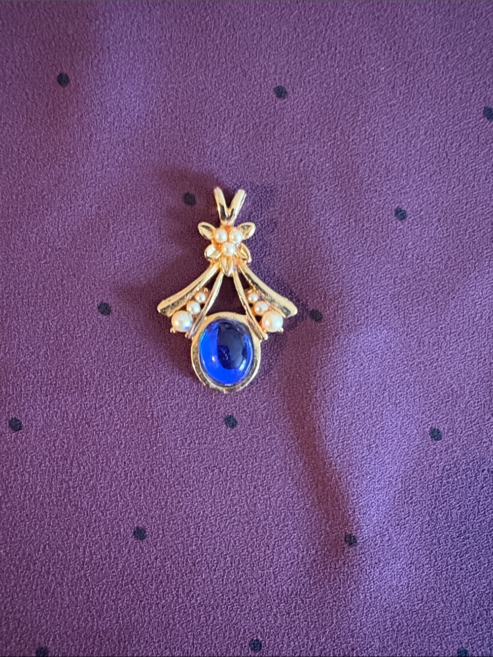 Gold-Tone Pendant with Blue Cabochon and Pearl Accents